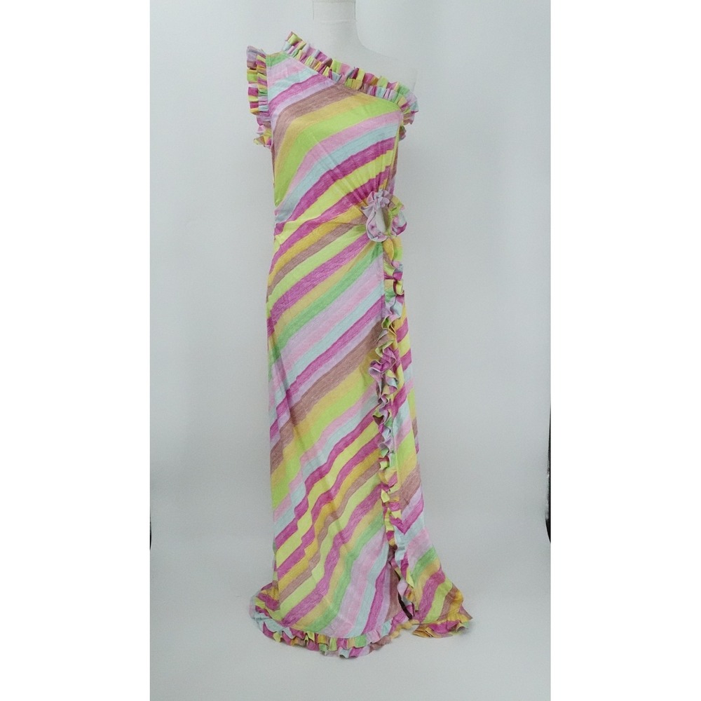 Celia B Varuna Dress Womens Large Multi Striped Avant Garde Ruffle Maxi Resort‎